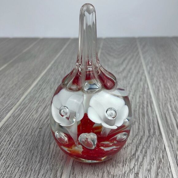 VTG Joe St. Clair Glass Teardrop Bubbles Red Floral Ring Holder Paperweight. - Picture 4 of 7